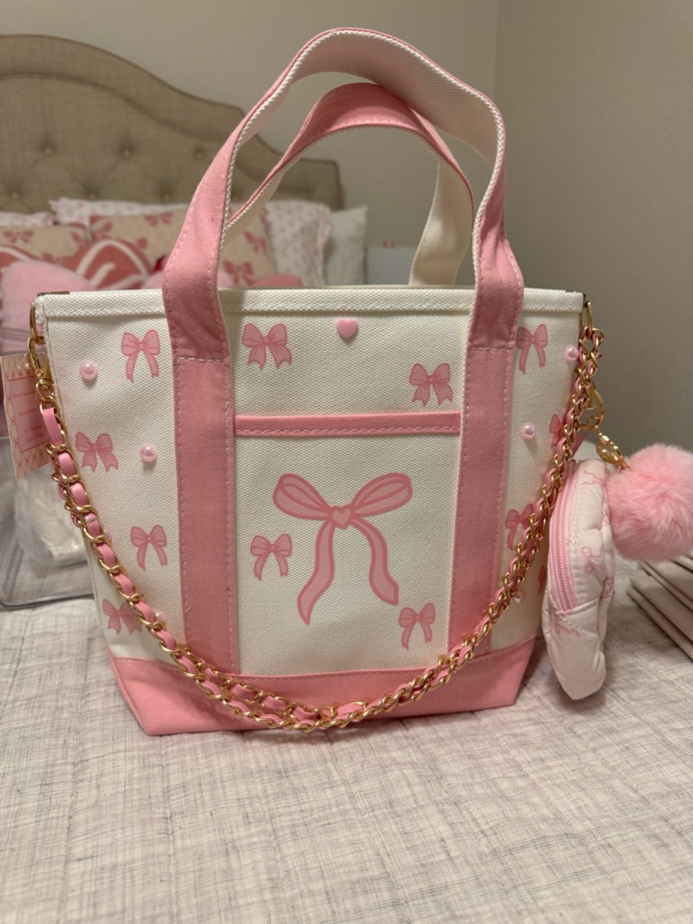Pink & White Bow Print Tote Bag with Gold Chain